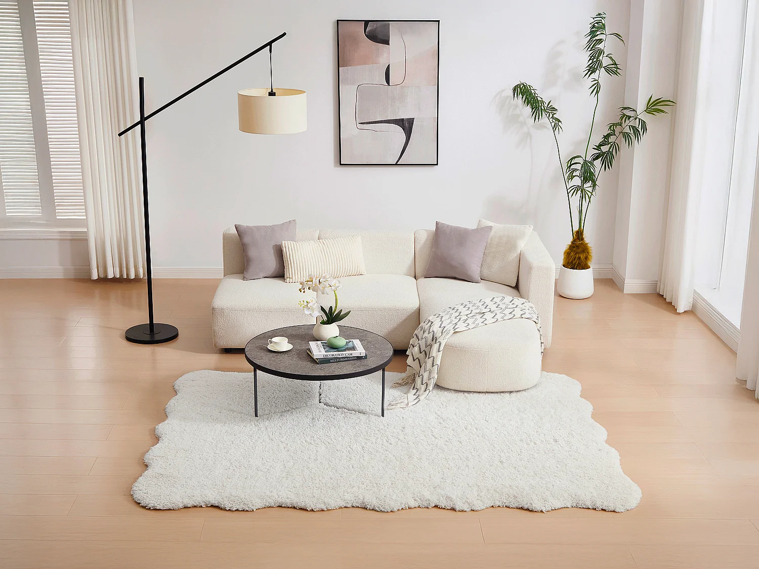 Tapis shaggy à poils longs bords ondulés  - 200 x 290 cm - Blanc - NERIDA