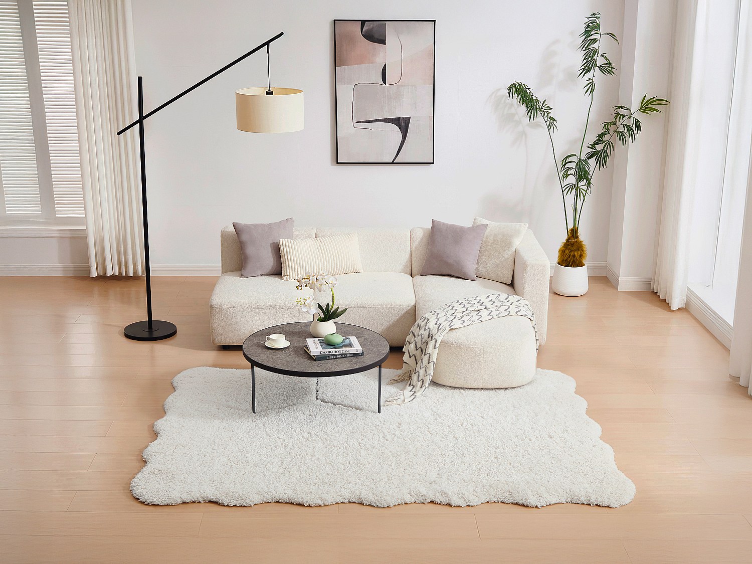 Hochflorteppich mit wellenförmigen Rändern - 200 x 290 cm - Weiß - NERIDA günstig online kaufen