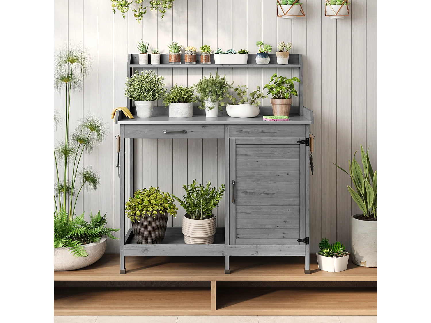 Bealife Armoire de Jardin et Table de Jardinage 111,6 x 46,5 x 125 cm – Couleur Gris