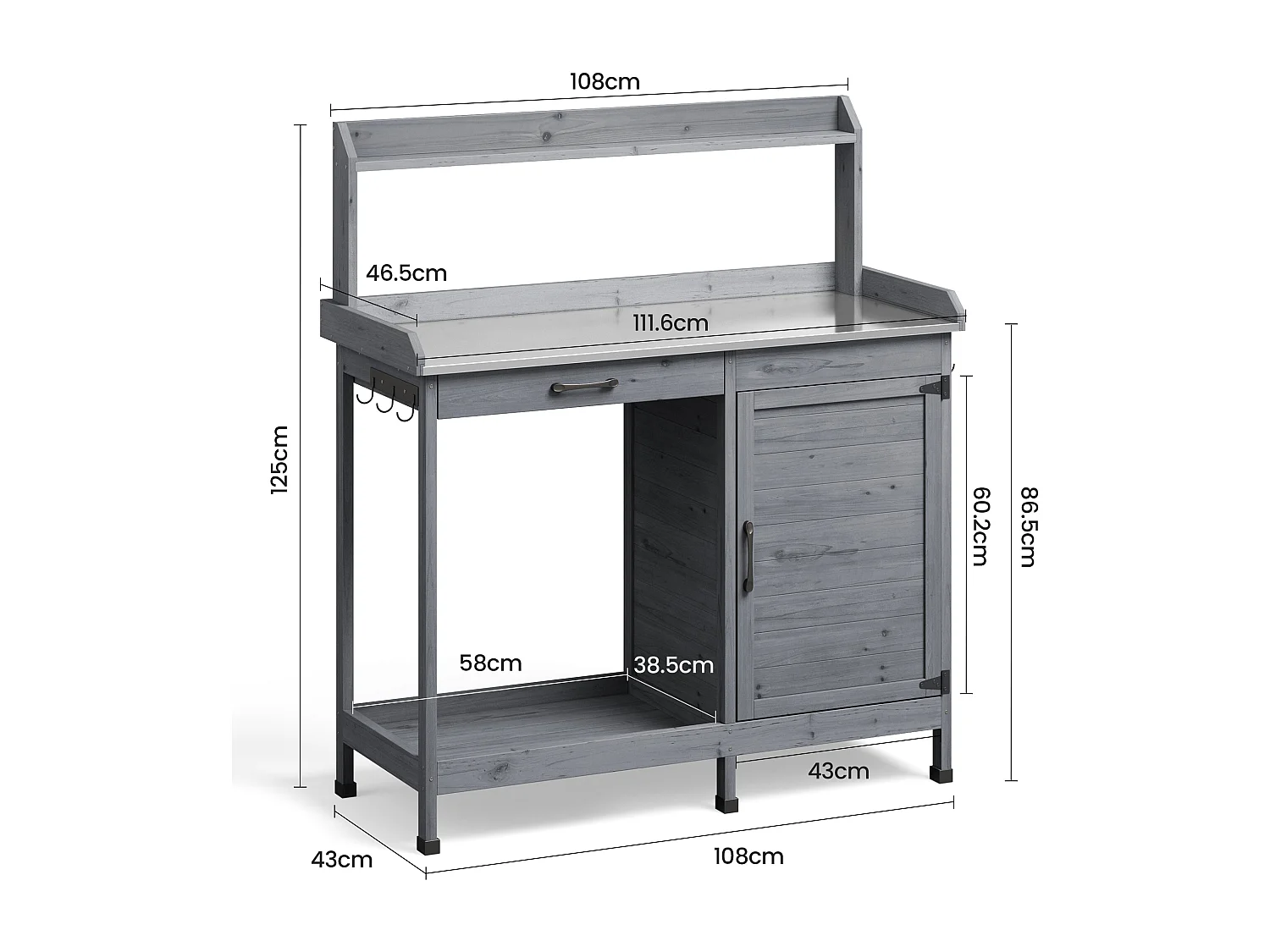 Bealife Armoire de Jardin et Table de Jardinage 111,6 x 46,5 x 125 cm – Couleur Gris