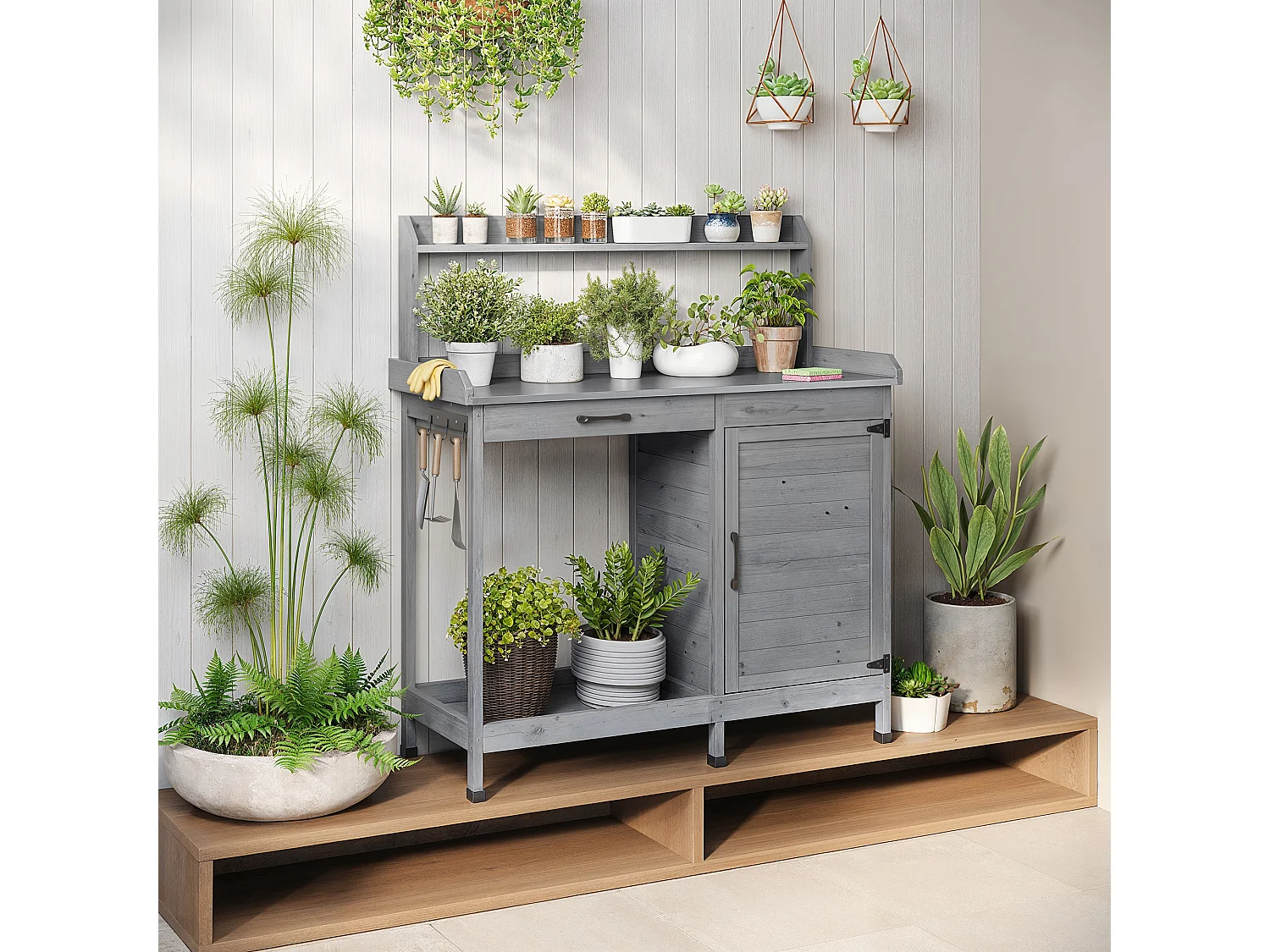 Bealife Armoire de Jardin et Table de Jardinage 111,6 x 46,5 x 125 cm – Couleur Gris