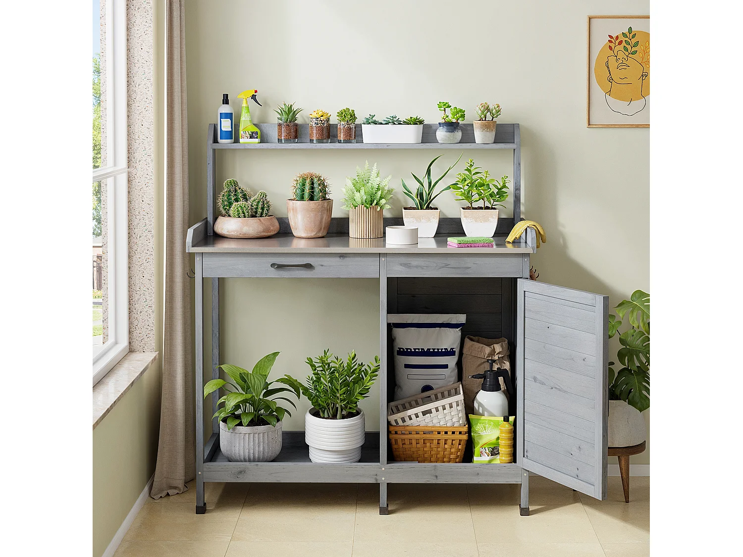 Bealife Armoire de Jardin et Table de Jardinage 111,6 x 46,5 x 125 cm – Couleur Gris