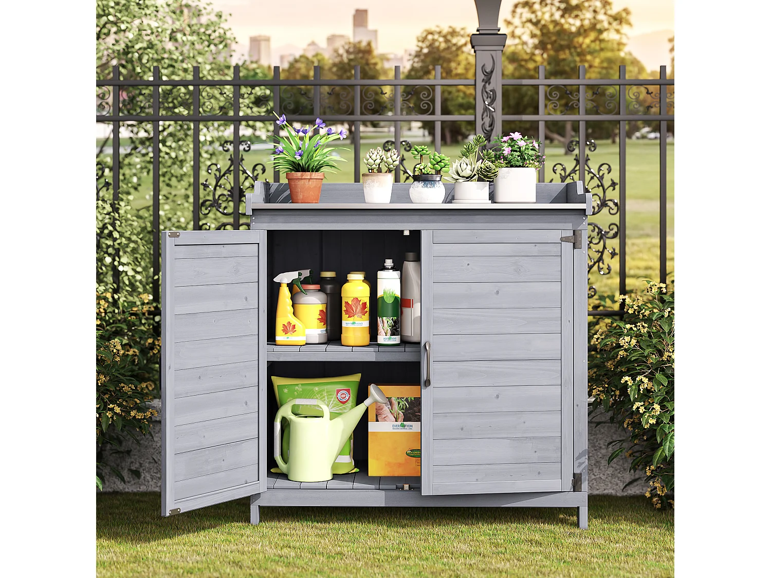 Bealife Armoire de Jardin et Table de Jardinage 98 x 48 x 95 cm – Couleur Gris