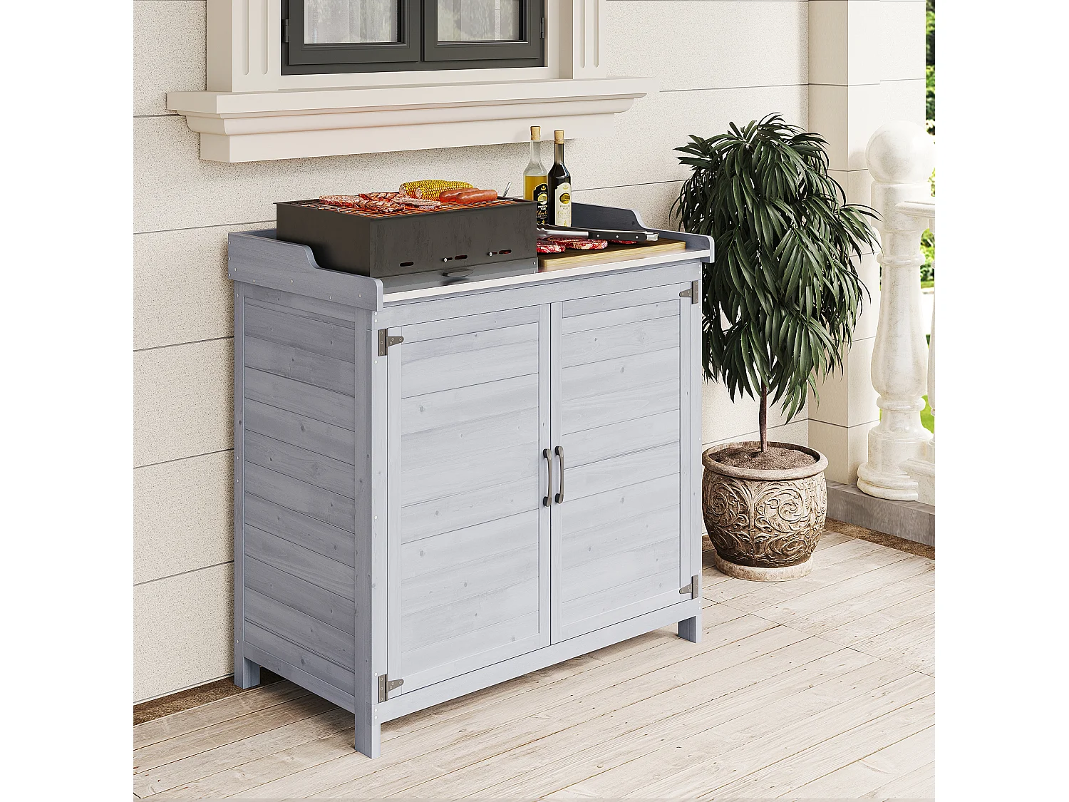 Bealife Armoire de Jardin et Table de Jardinage 98 x 48 x 95 cm – Couleur Gris