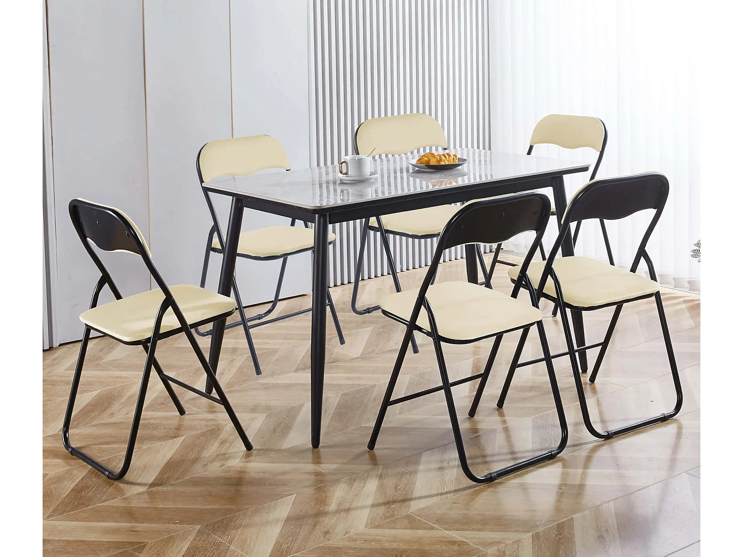 Lot de 6 chaises pliantes d'intérieur et confortables en velours et métal - Beige