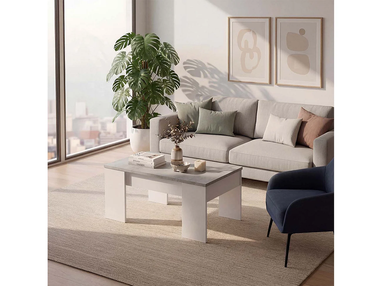 Mesa de centro elevable con almacenaje en blanco artick y gris cemento 100x45-56 cm Vita Blanco Artik (Blanco Mate) - Gris Cemento