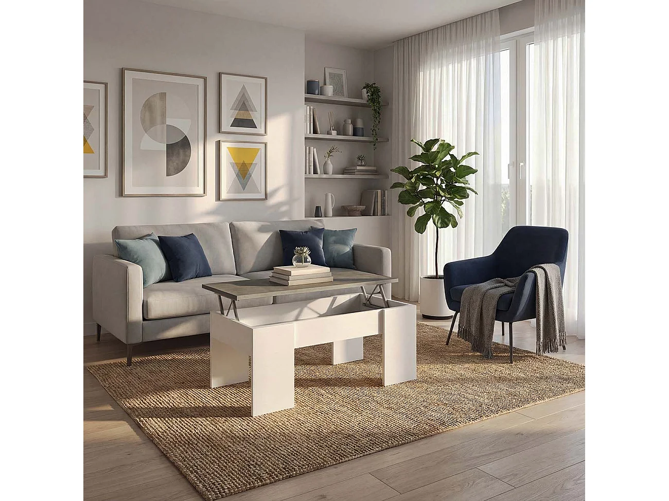 Mesa de centro elevable con almacenaje en blanco artick y gris cemento 100x45-56 cm Vita Blanco Artik (Blanco Mate) - Gris Cemento