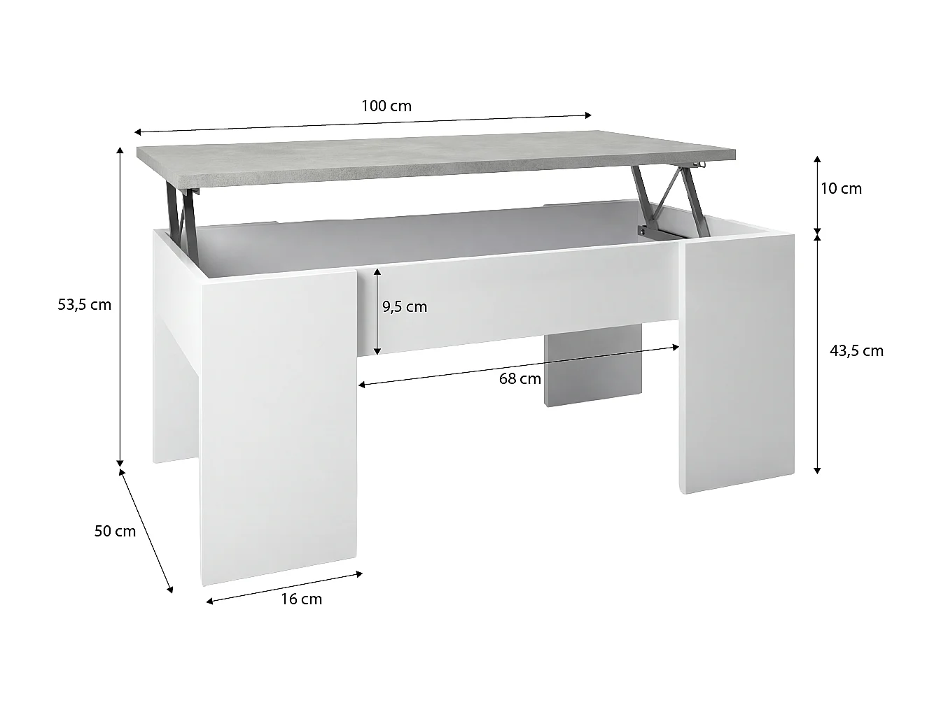Mesa de centro elevable con almacenaje en blanco artick y gris cemento 100x45-56 cm Vita Blanco Artik (Blanco Mate) - Gris Cemento