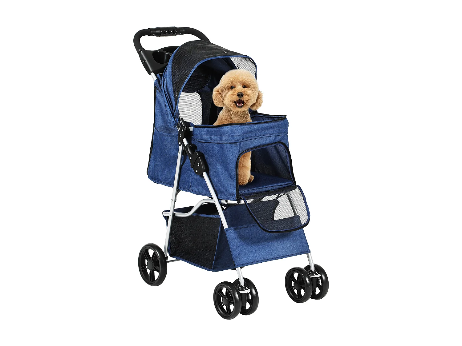 YITAHOME Poussette pour Chiens Petite et Moyenne Taille - 4 Roues avec Panier de Rangement - Pliable - avec Porte-Gobelet - Bleu Marine