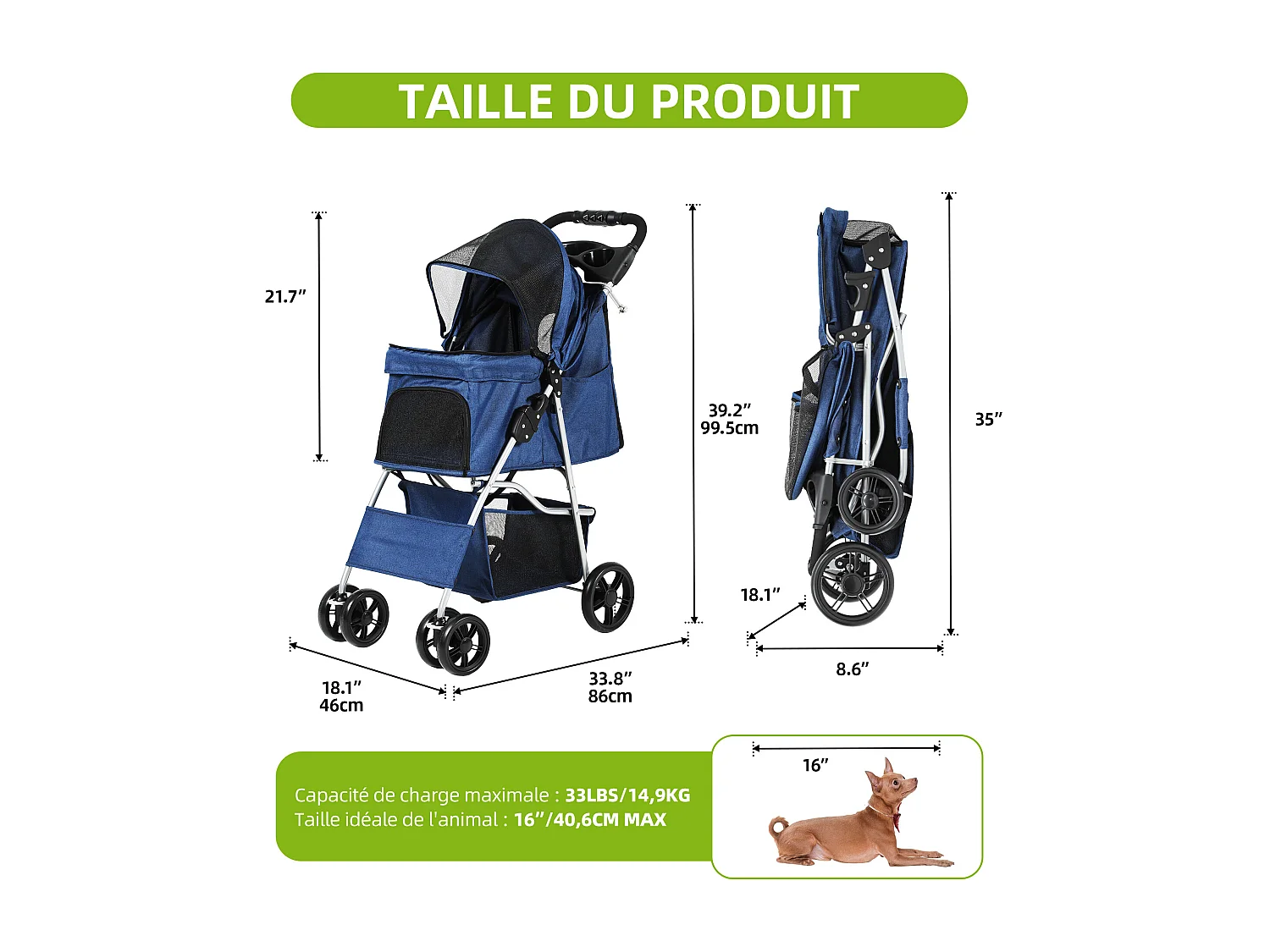 YITAHOME Poussette pour Chiens Petite et Moyenne Taille - 4 Roues avec Panier de Rangement - Pliable - avec Porte-Gobelet - Bleu Marine