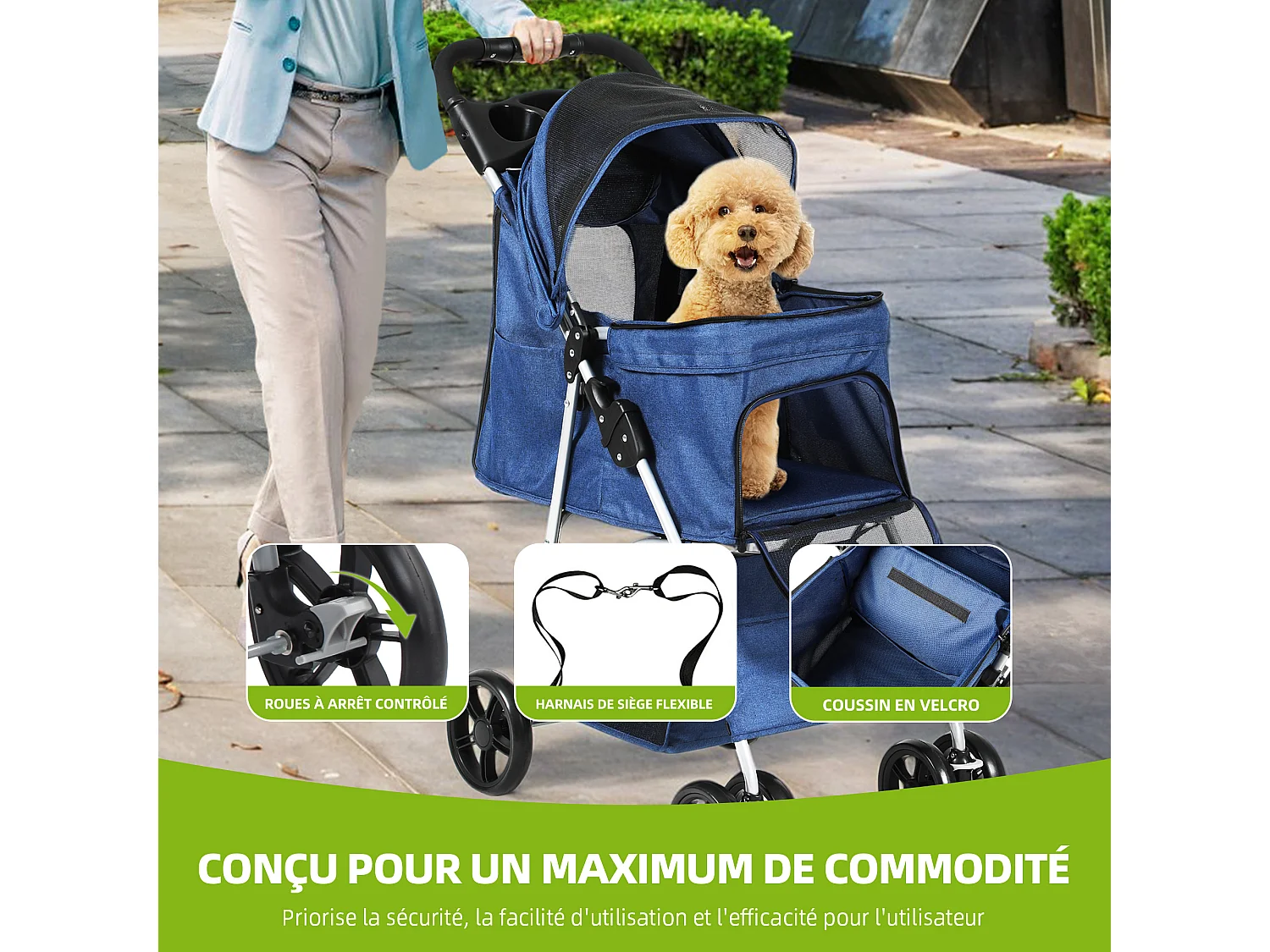 YITAHOME Poussette pour Chiens Petite et Moyenne Taille - 4 Roues avec Panier de Rangement - Pliable - avec Porte-Gobelet - Bleu Marine