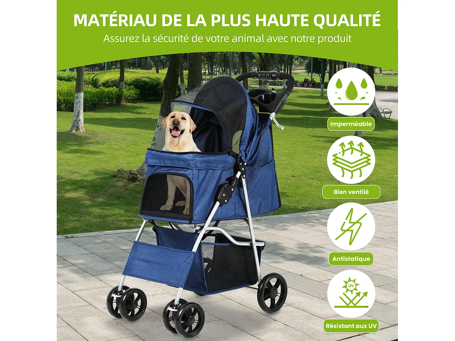 YITAHOME Poussette pour Chiens Petite et Moyenne Taille - 4 Roues avec Panier de Rangement - Pliable - avec Porte-Gobelet - Bleu Marine