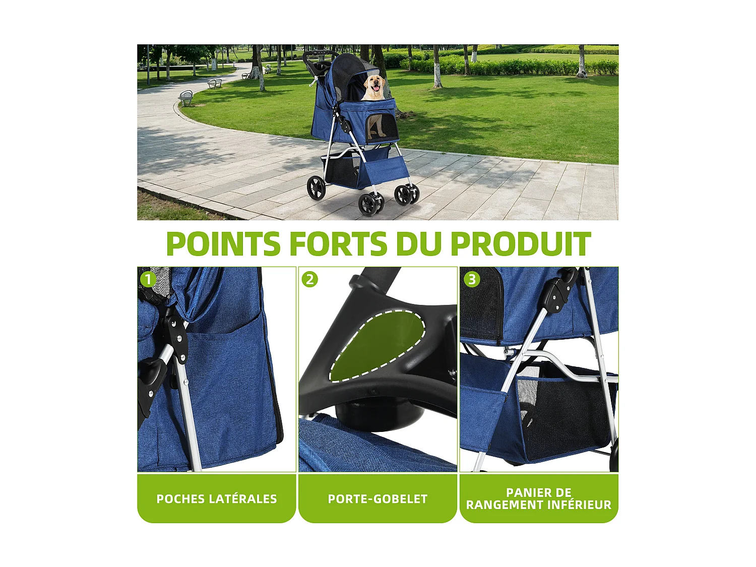 YITAHOME Poussette pour Chiens Petite et Moyenne Taille - 4 Roues avec Panier de Rangement - Pliable - avec Porte-Gobelet - Bleu Marine