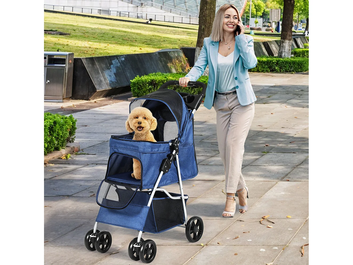 YITAHOME Poussette pour Chiens Petite et Moyenne Taille - 4 Roues avec Panier de Rangement - Pliable - avec Porte-Gobelet - Bleu Marine