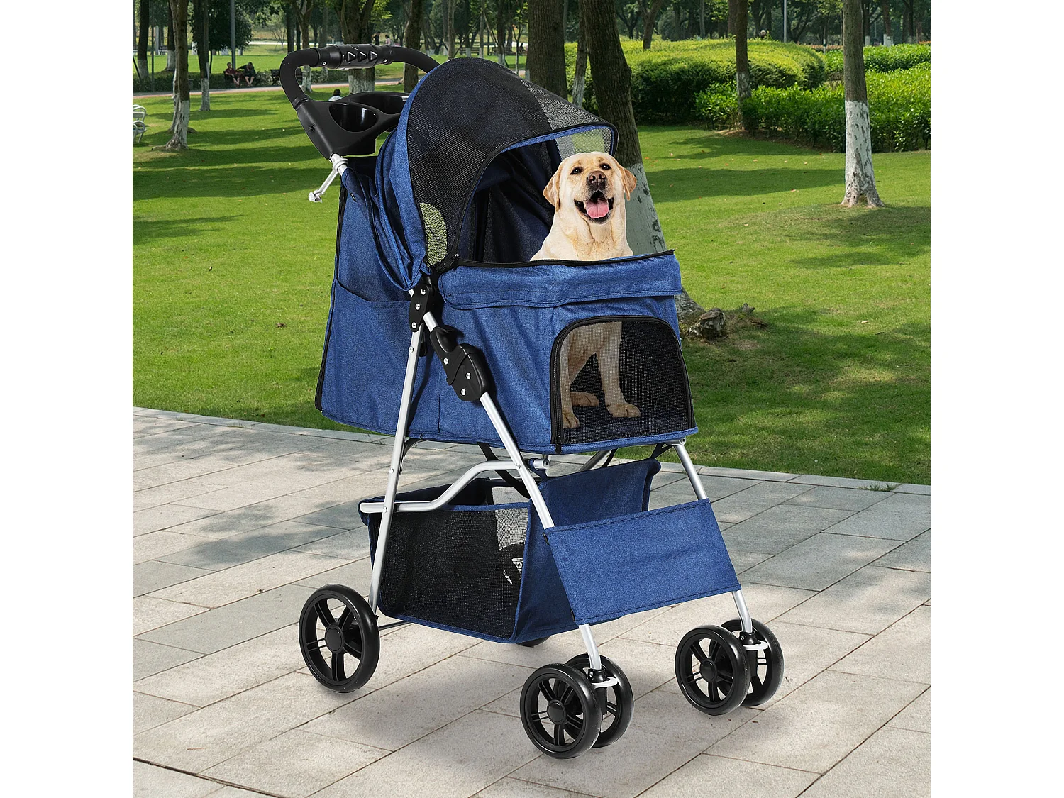 YITAHOME Poussette pour Chiens Petite et Moyenne Taille - 4 Roues avec Panier de Rangement - Pliable - avec Porte-Gobelet - Bleu Marine