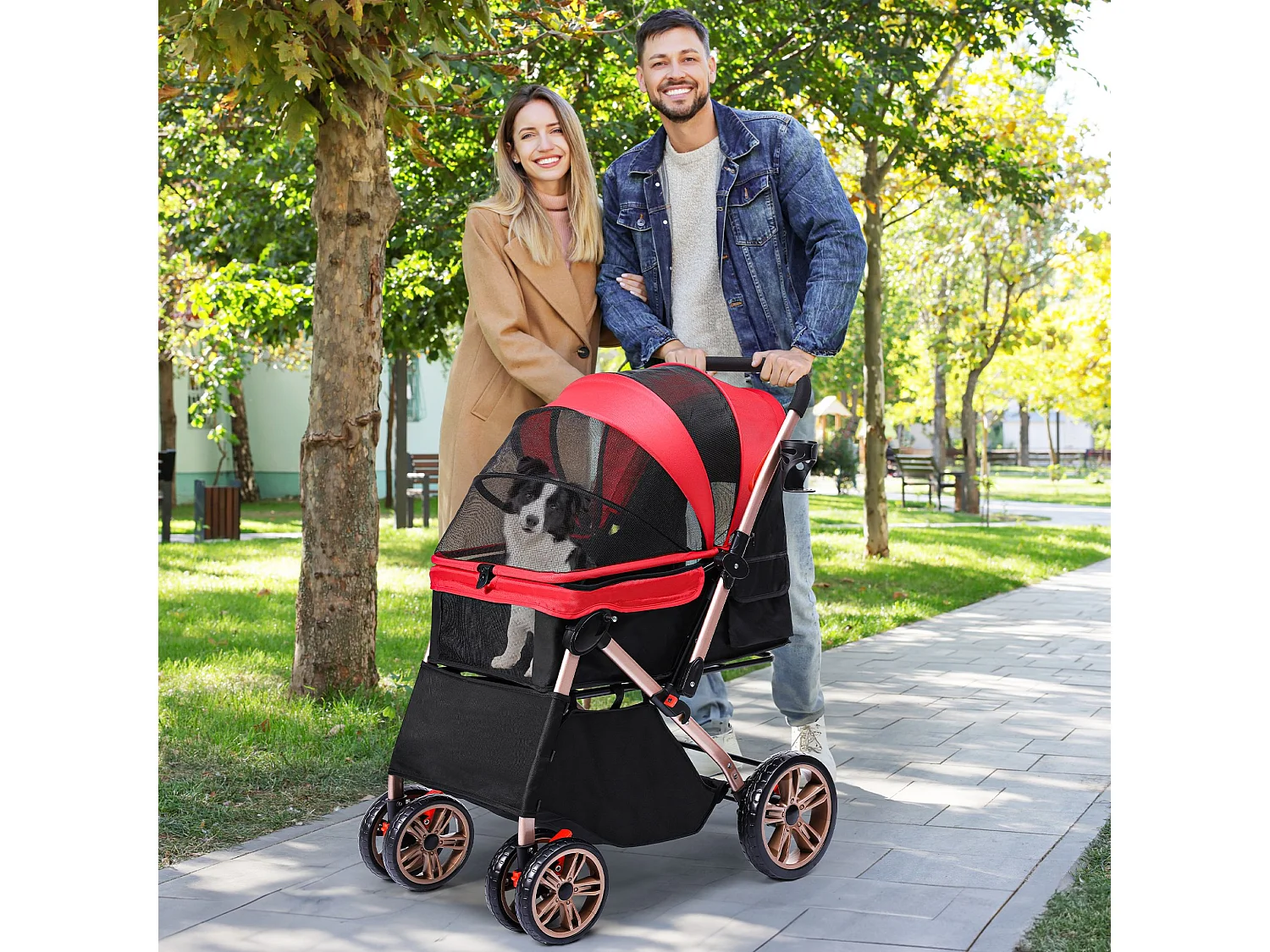 YITAHOME Poussette pour Chien Chat - avec Panier de Rangement - 4 Roulettes - Pliable - Rouge