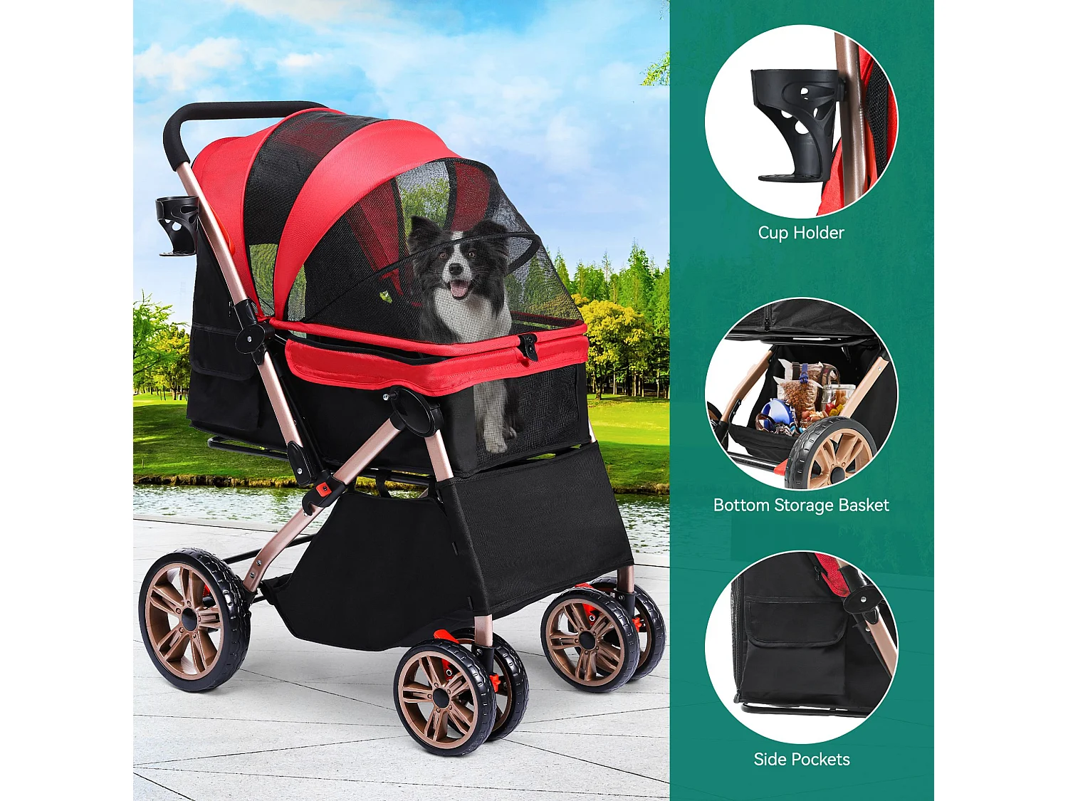 YITAHOME Poussette pour Chien Chat - avec Panier de Rangement - 4 Roulettes - Pliable - Rouge