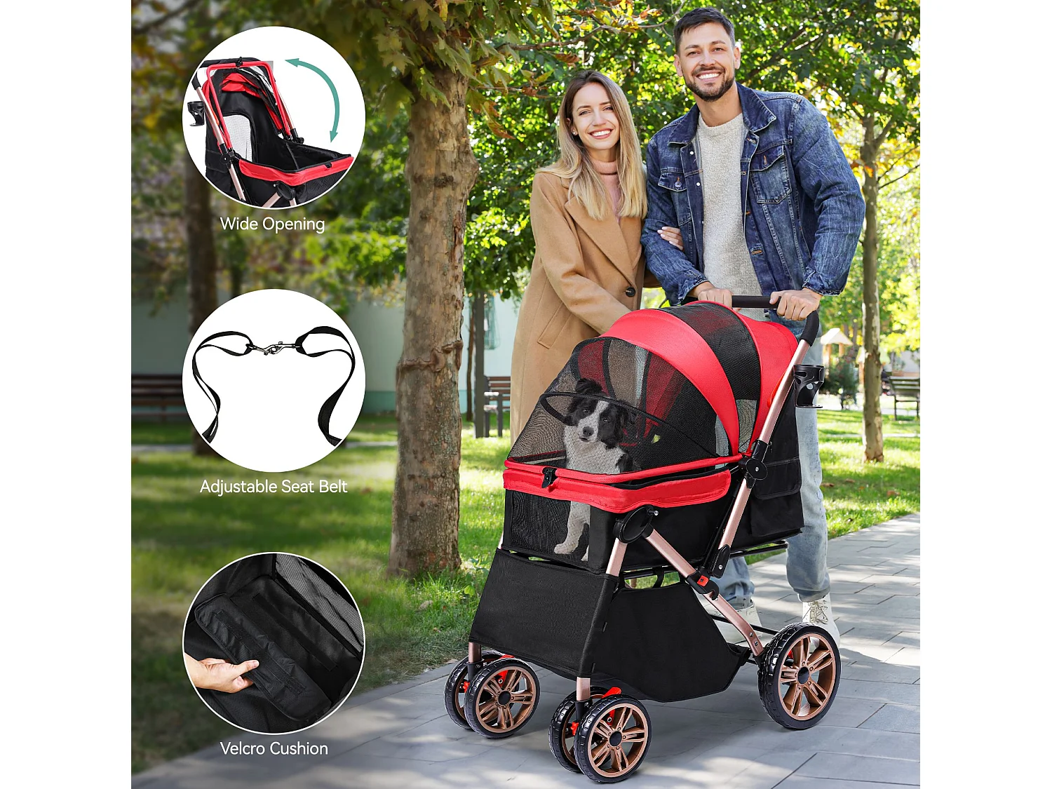 YITAHOME Poussette pour Chien Chat - avec Panier de Rangement - 4 Roulettes - Pliable - Rouge