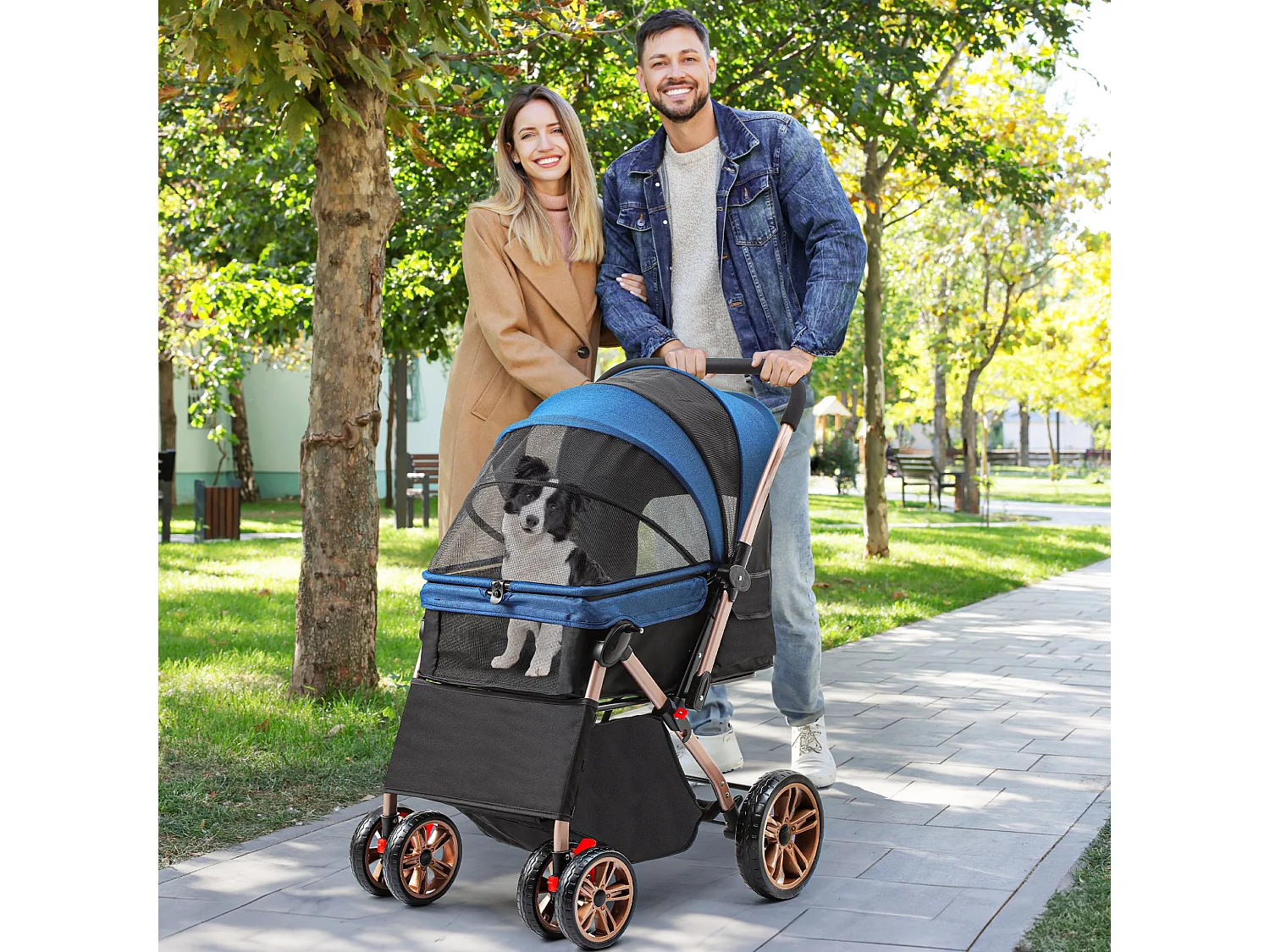 YITAHOME Poussette pour Chien Chat - avec Panier de Rangement - 4 Roulettes - Pliable - Bleu