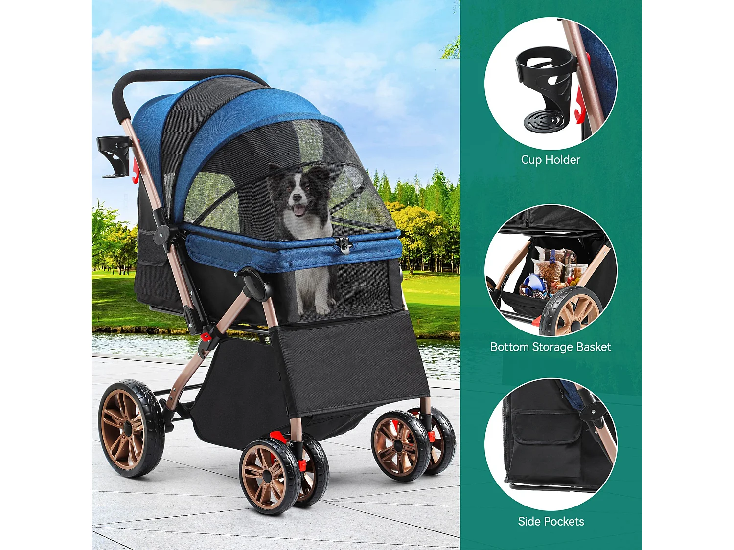 YITAHOME Poussette pour Chien Chat - avec Panier de Rangement - 4 Roulettes - Pliable - Bleu