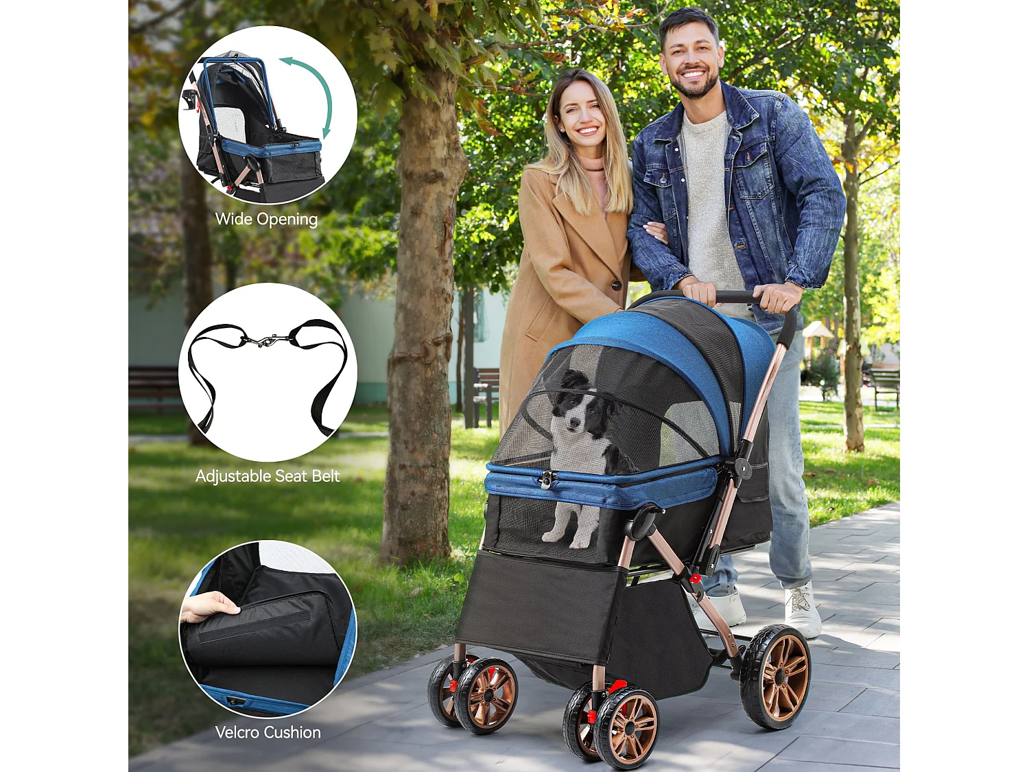 YITAHOME Poussette pour Chien Chat - avec Panier de Rangement - 4 Roulettes - Pliable - Bleu