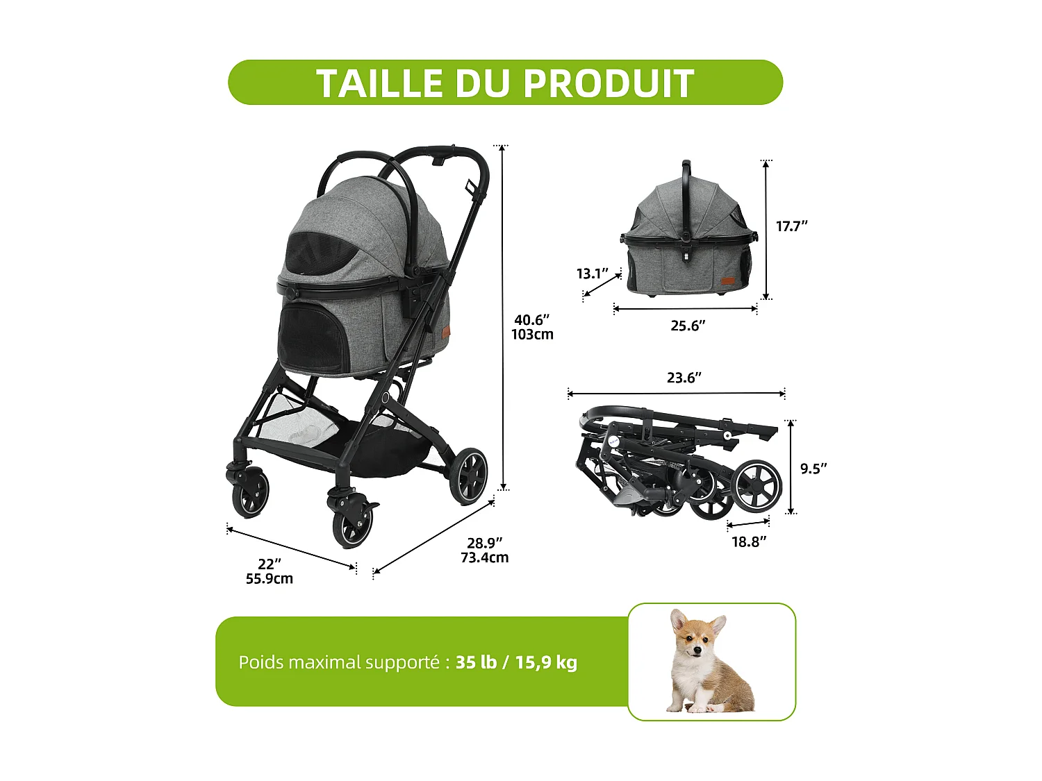 YITAHOME Poussette Chien pour Chien Chat - 15.9kg - avec Panier de Rangement - 4 Roues - Pliable Portable - Gris