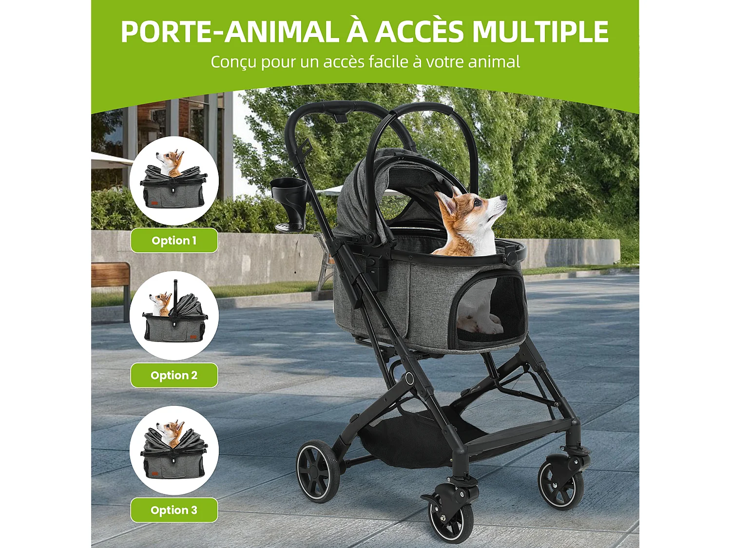 YITAHOME Poussette Chien pour Chien Chat - 15.9kg - avec Panier de Rangement - 4 Roues - Pliable Portable - Gris