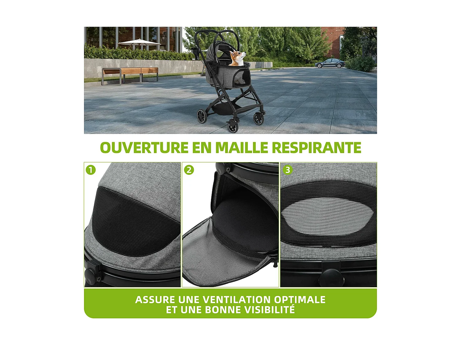 YITAHOME Poussette Chien pour Chien Chat - 15.9kg - avec Panier de Rangement - 4 Roues - Pliable Portable - Gris