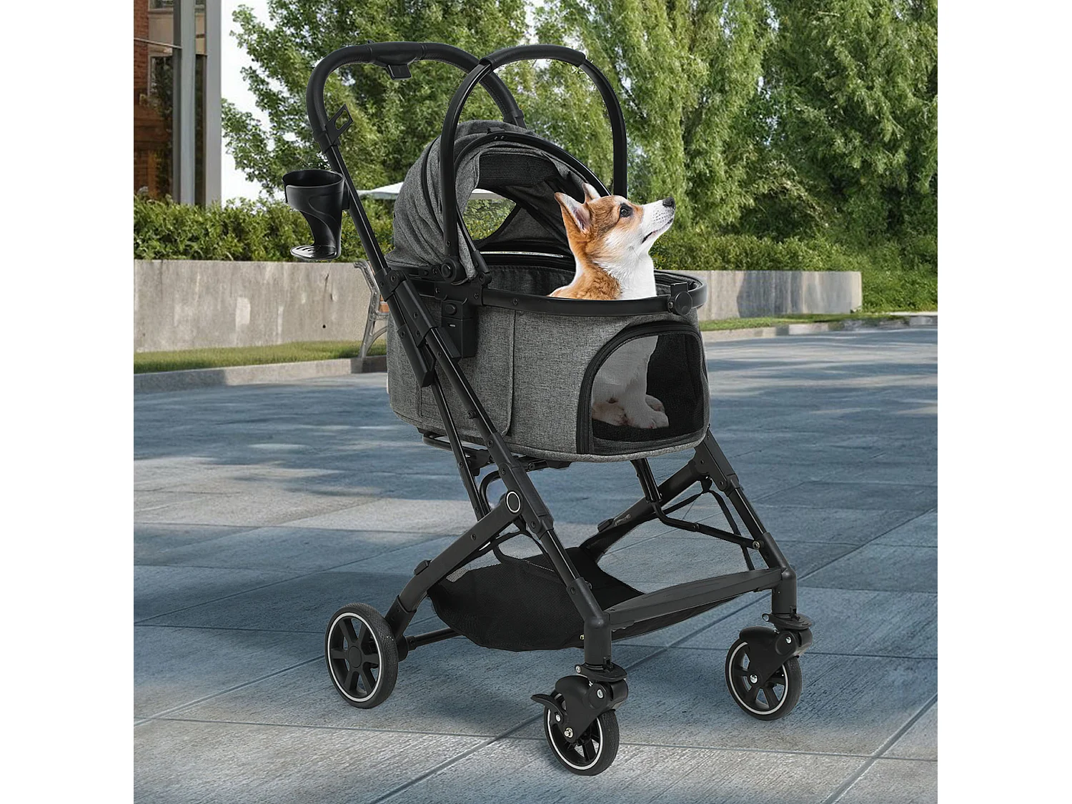 YITAHOME Poussette Chien pour Chien Chat - 15.9kg - avec Panier de Rangement - 4 Roues - Pliable Portable - Gris
