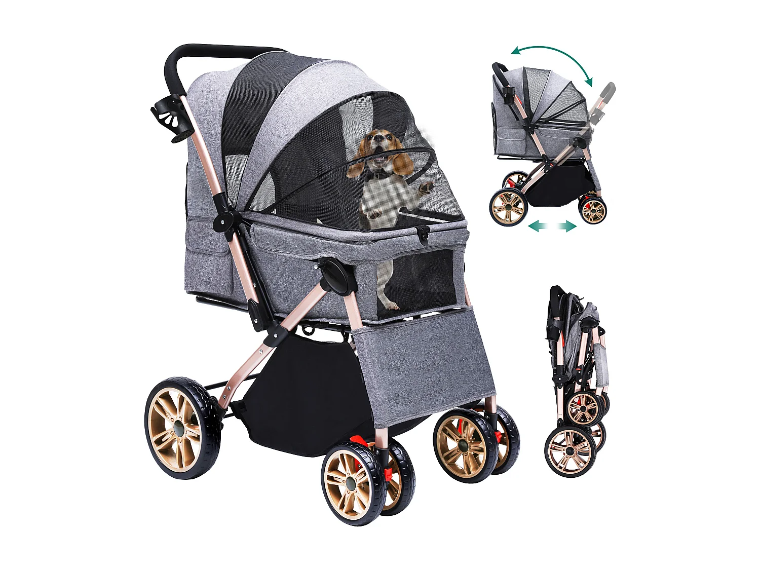 YITAHOME Poussette pour Chien Chat - avec Panier de Rangement - 4 Roulettes - Pliable - Gris