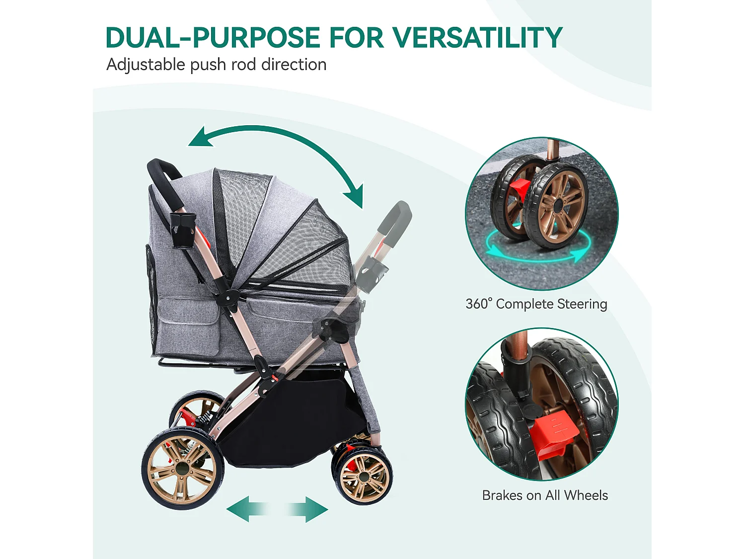 YITAHOME Poussette pour Chien Chat - avec Panier de Rangement - 4 Roulettes - Pliable - Gris