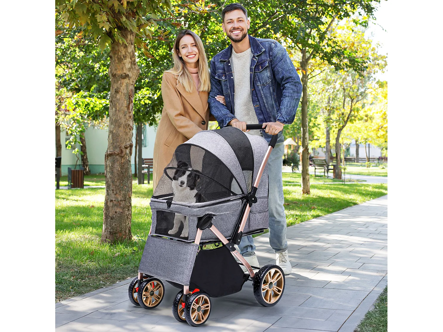 YITAHOME Poussette pour Chien Chat - avec Panier de Rangement - 4 Roulettes - Pliable - Gris