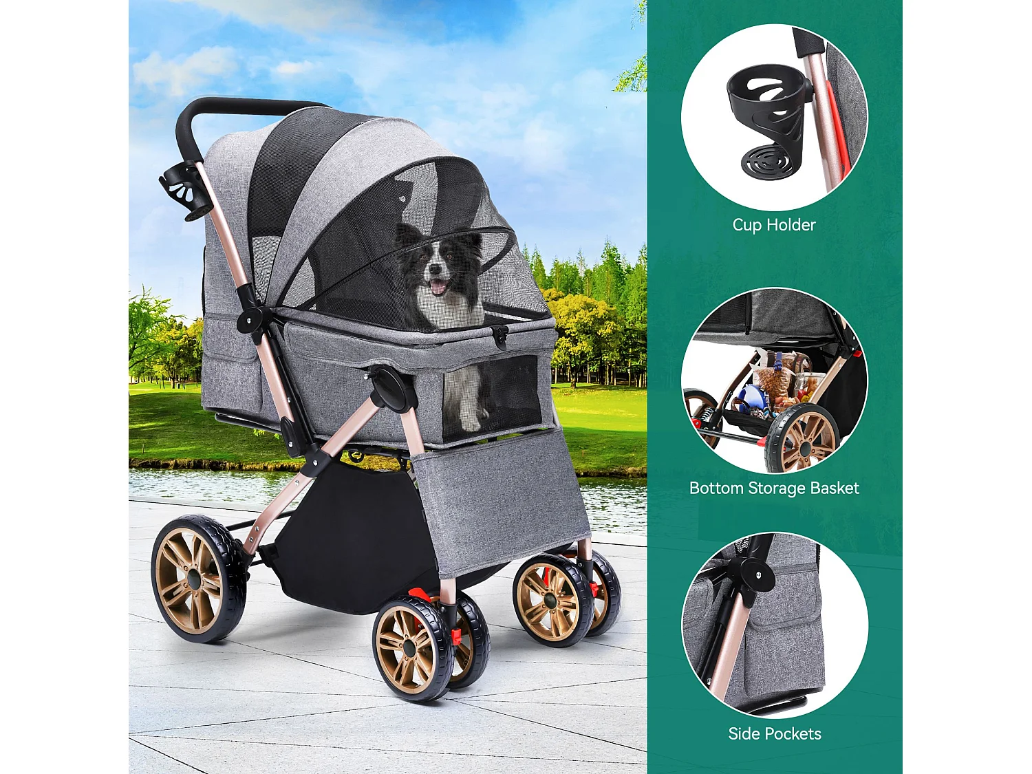 YITAHOME Poussette pour Chien Chat - avec Panier de Rangement - 4 Roulettes - Pliable - Gris