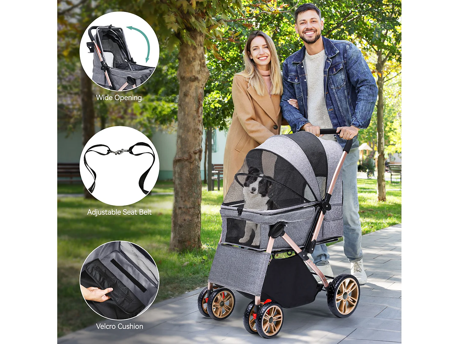 YITAHOME Poussette pour Chien Chat - avec Panier de Rangement - 4 Roulettes - Pliable - Gris