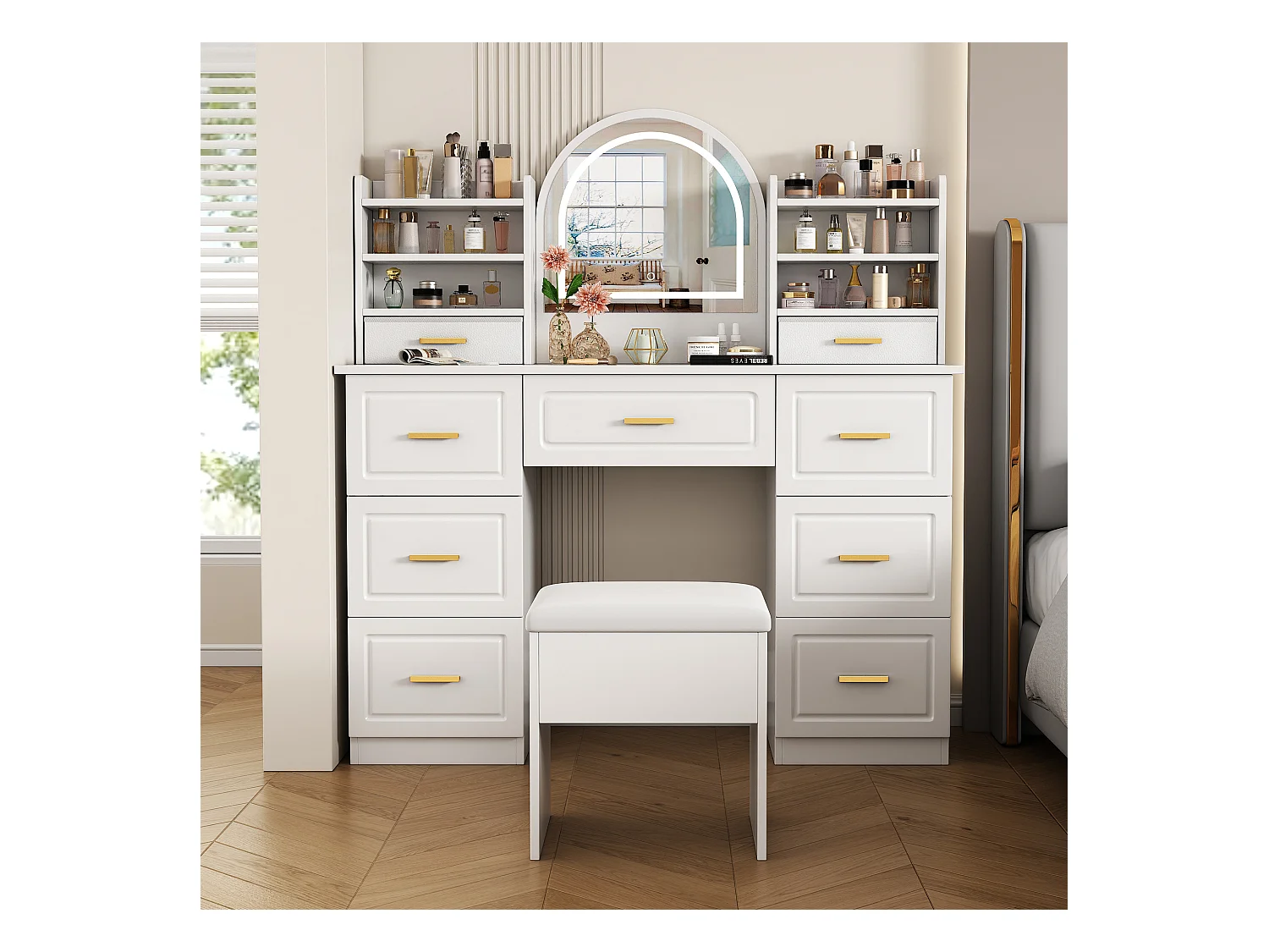 Coiffeuse avec 9 tiroirs, miroir et tabouret - 120 x 40 x 135 cm - LEDs - Panneau de particules - Blanc