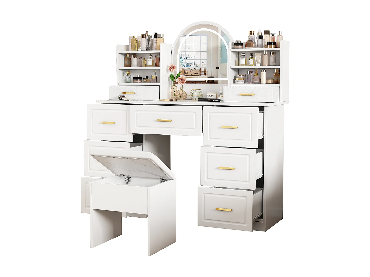 Coiffeuse avec 9 tiroirs, miroir et tabouret - 120 x 40 x 135 cm - LEDs - Panneau de particules - Blanc