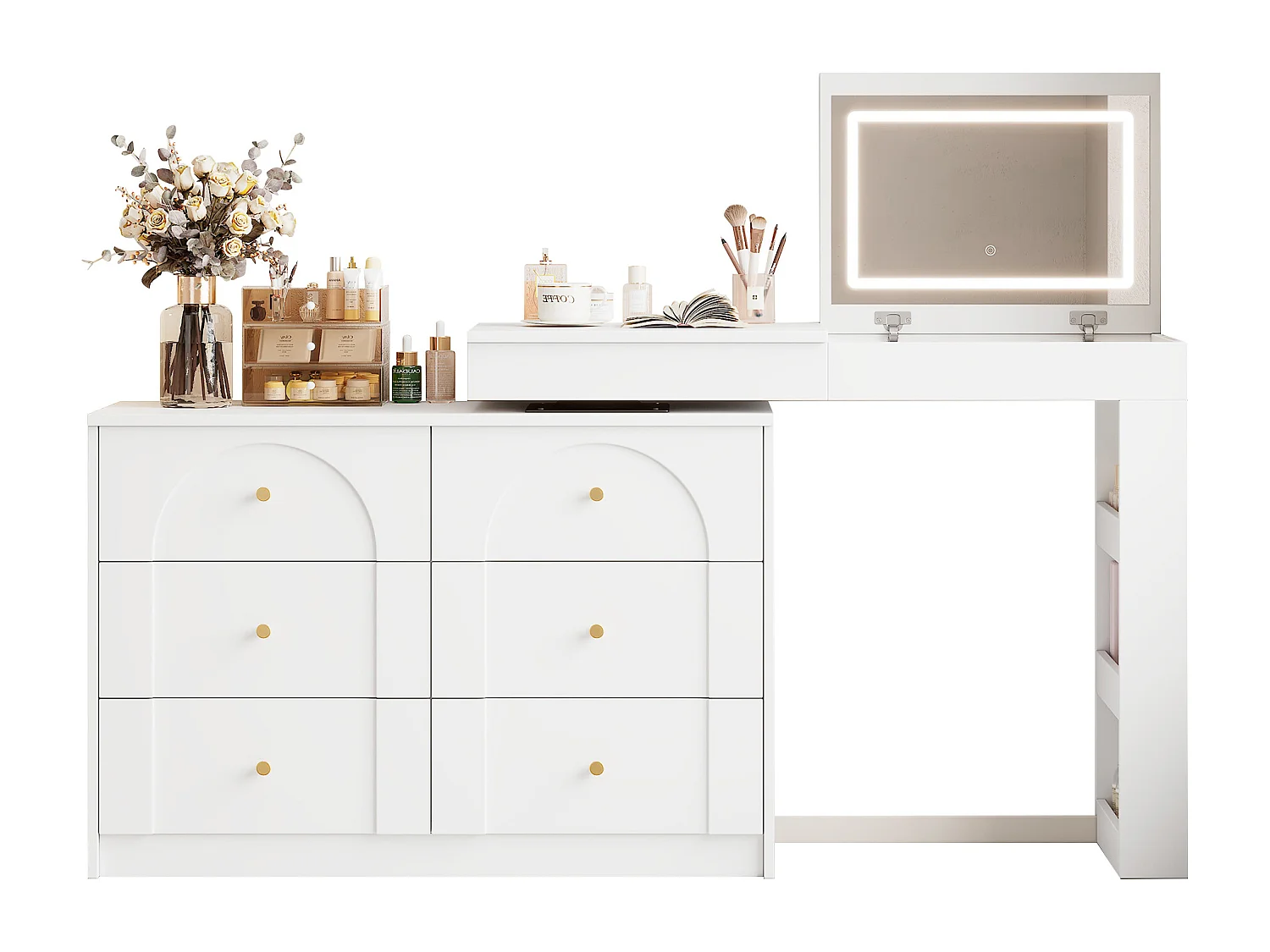 Coiffeuse avec 7 tiroirs, étagères ouvertes et miroir pliable - 105 x 40 x 80 cm - LEDs - Panneau de particules - Blanc