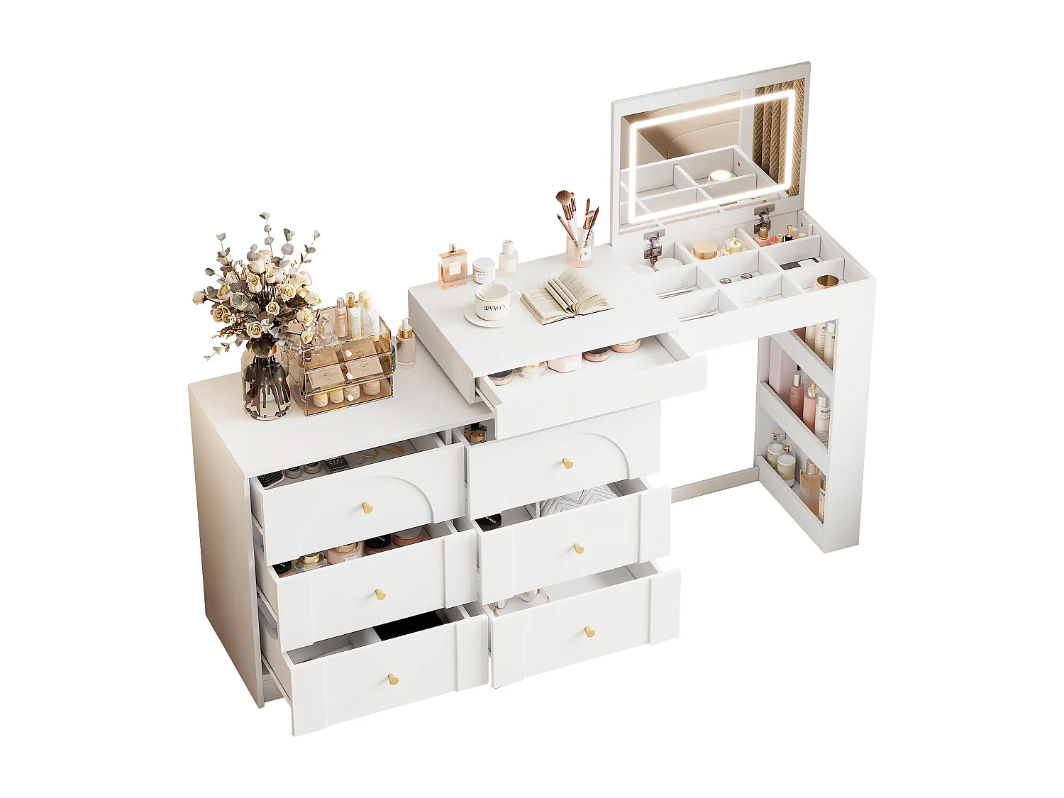 Coiffeuse avec 7 tiroirs, étagères ouvertes et miroir pliable - 105 x 40 x 80 cm - LEDs - Panneau de particules - Blanc