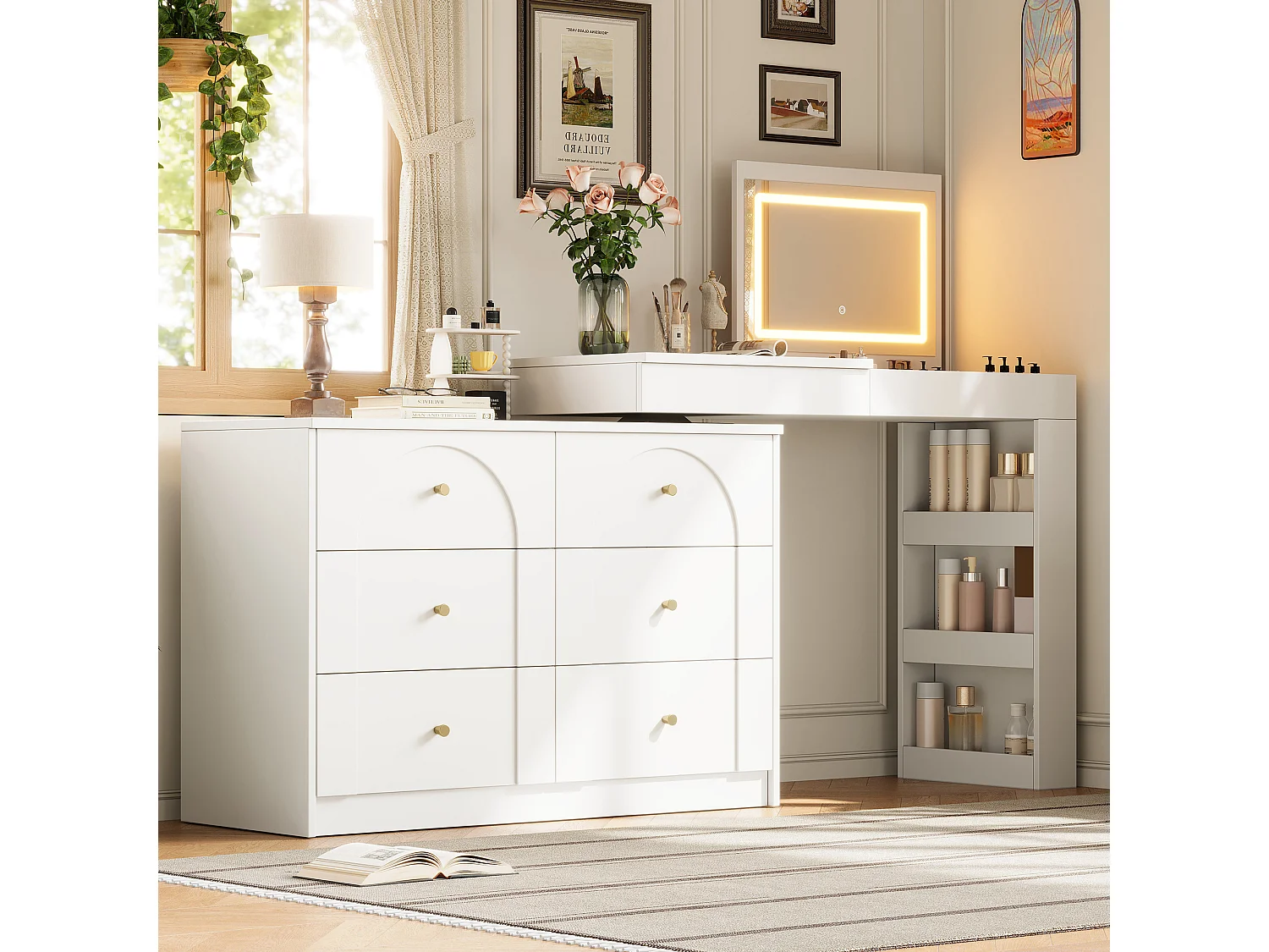Toaletka z 7 szufladami, otwartymi półkami i składanym lustrem - 105 x 40 x 80 cm - Diody LED - Płyta wiórowa - Biała