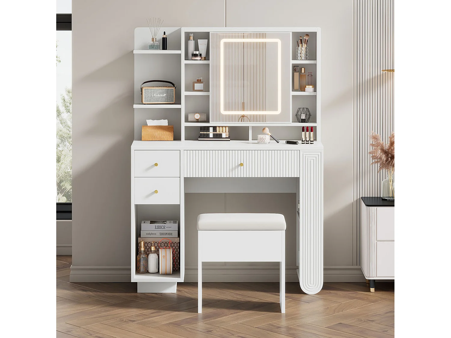 Toaletka z 3 szufladami, otwartymi półkami, lustrem i stołkiem - 100 x 40 x 138 cm - diody LED - płyta wiórowa - biała