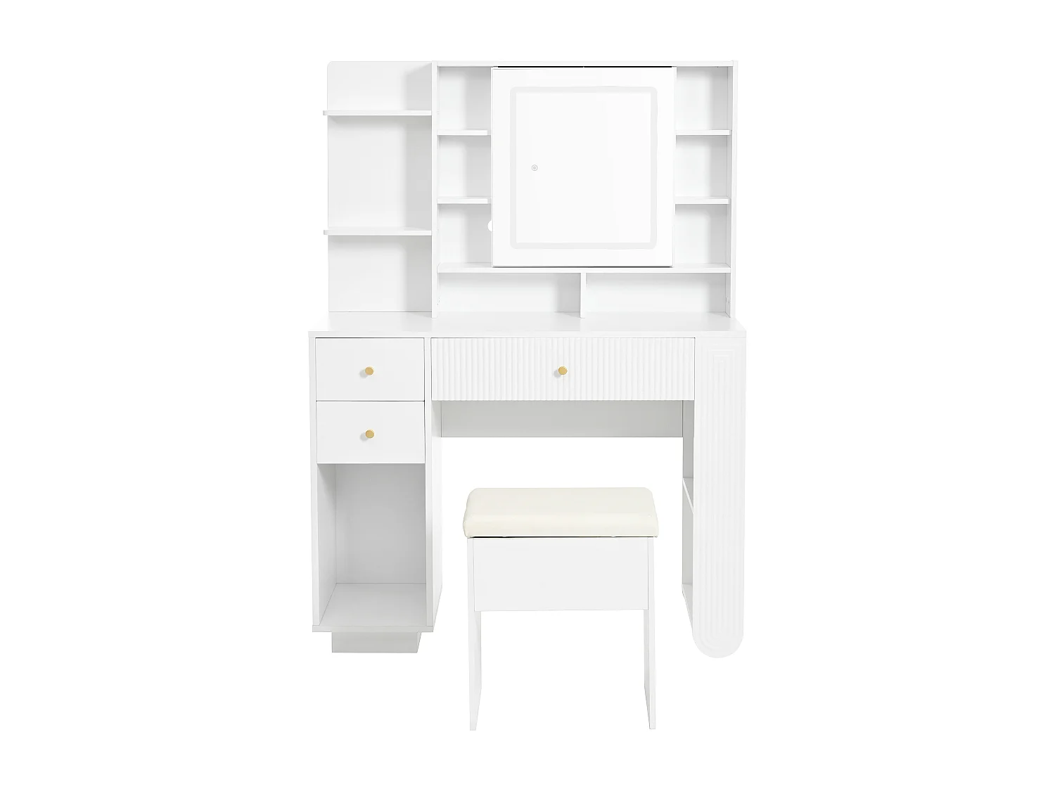 Coiffeuse avec 3 tiroirs, étagères ouvertes, miroir et tabouret - 100 x 40 x 138 cm - LEDs - Panneau de particules - Blanc