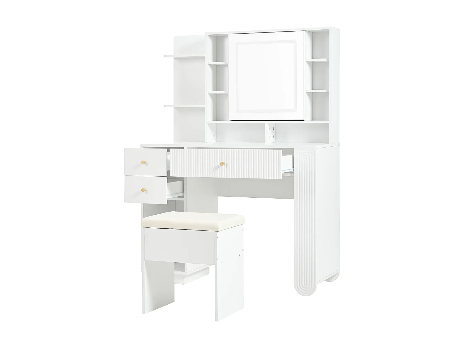 Coiffeuse avec 3 tiroirs, étagères ouvertes, miroir et tabouret - 100 x 40 x 138 cm - LEDs - Panneau de particules - Blanc