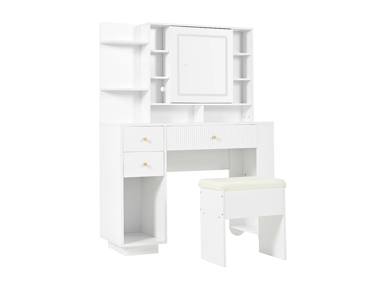 Coiffeuse avec 3 tiroirs, étagères ouvertes, miroir et tabouret - 100 x 40 x 138 cm - LEDs - Panneau de particules - Blanc