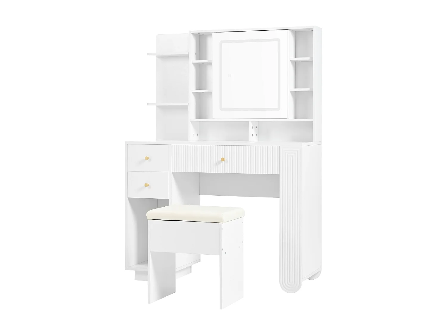 Coiffeuse avec 3 tiroirs, étagères ouvertes, miroir et tabouret - 100 x 40 x 138 cm - LEDs - Panneau de particules - Blanc