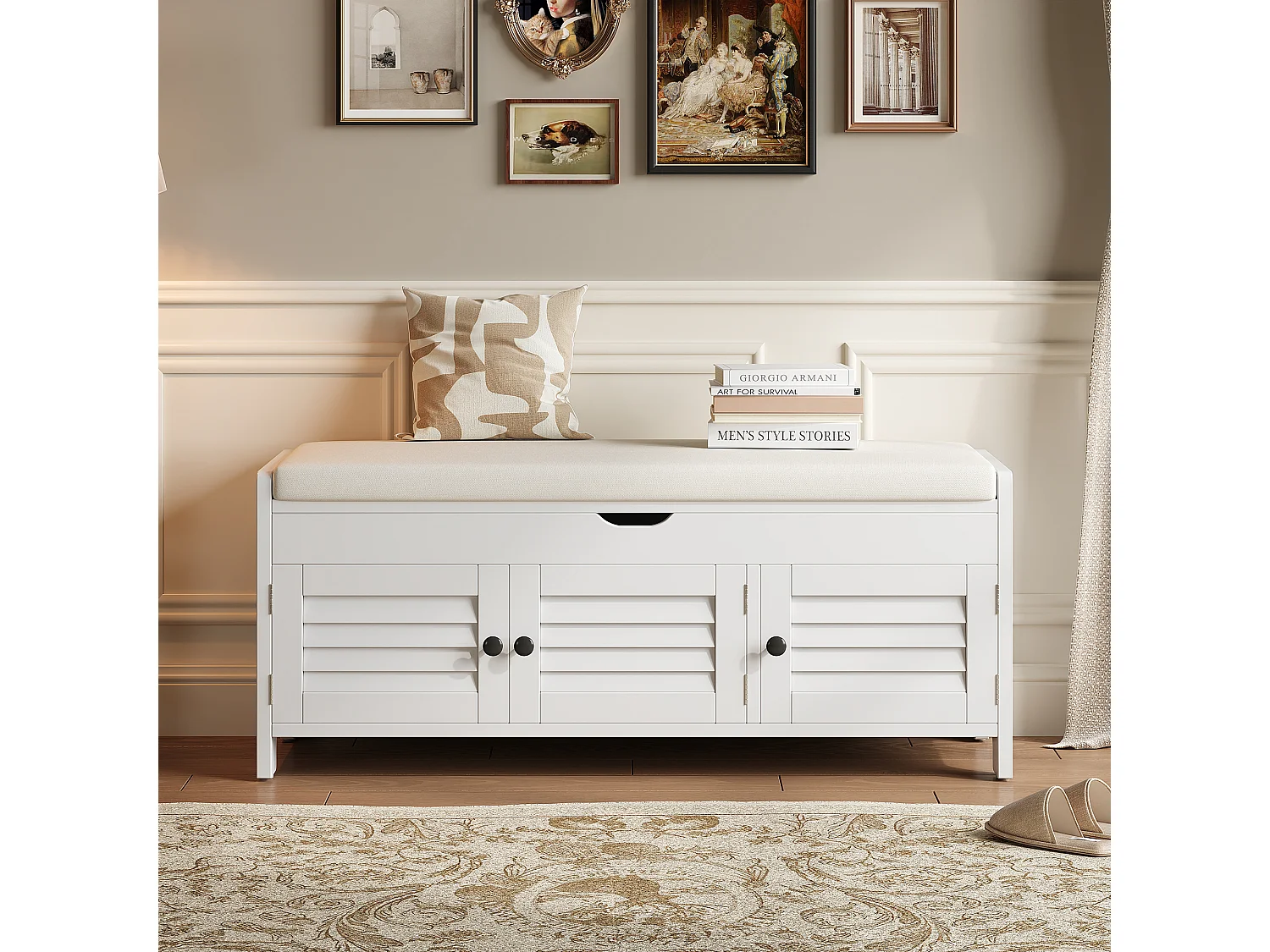 Banco zapatero moderno con asiento y 3 puertas - 110 x 40 x 50 cm - Madera MDF - Blanco