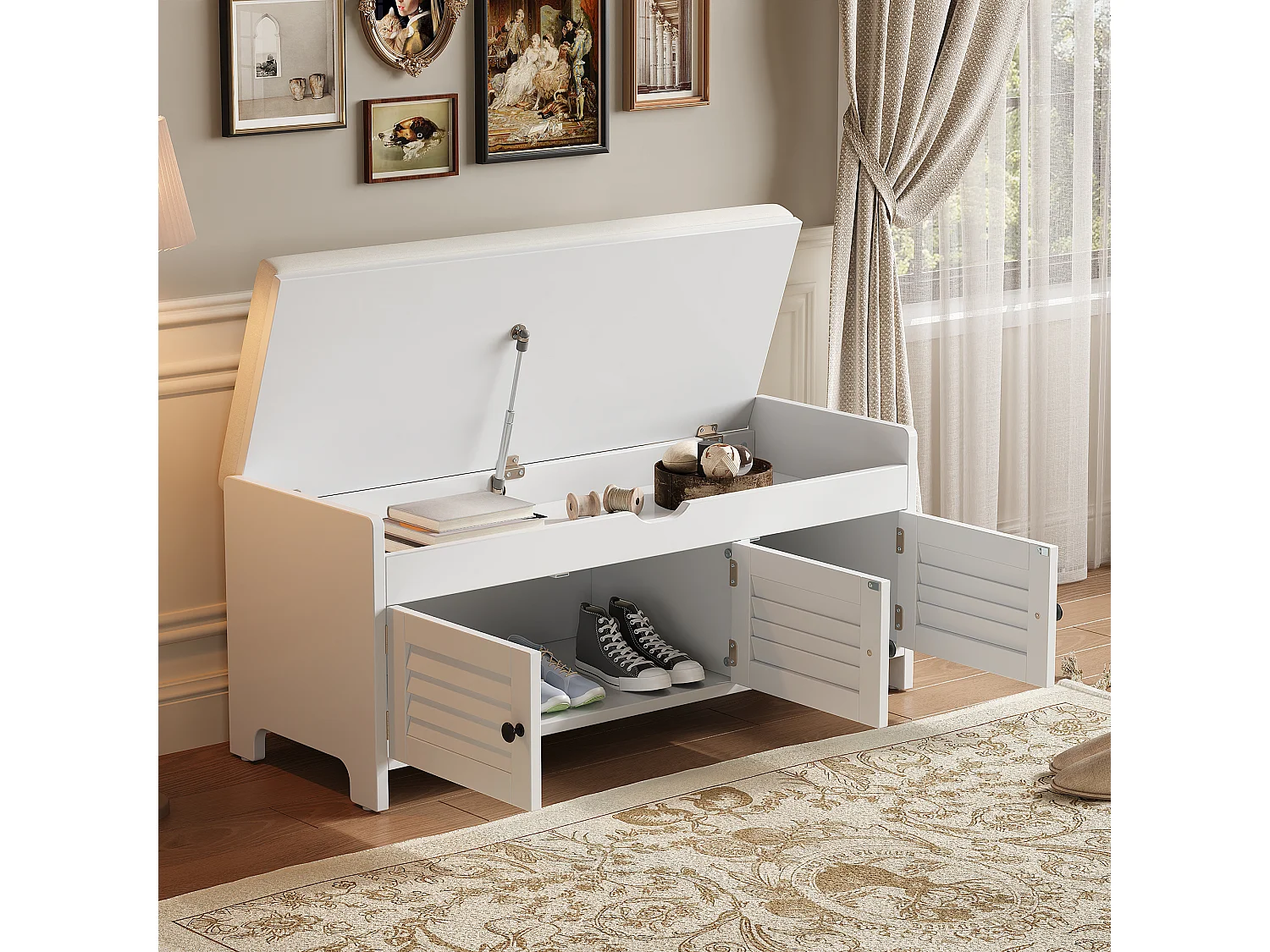 Banco zapatero moderno con asiento y 3 puertas - 110 x 40 x 50 cm - Madera MDF - Blanco