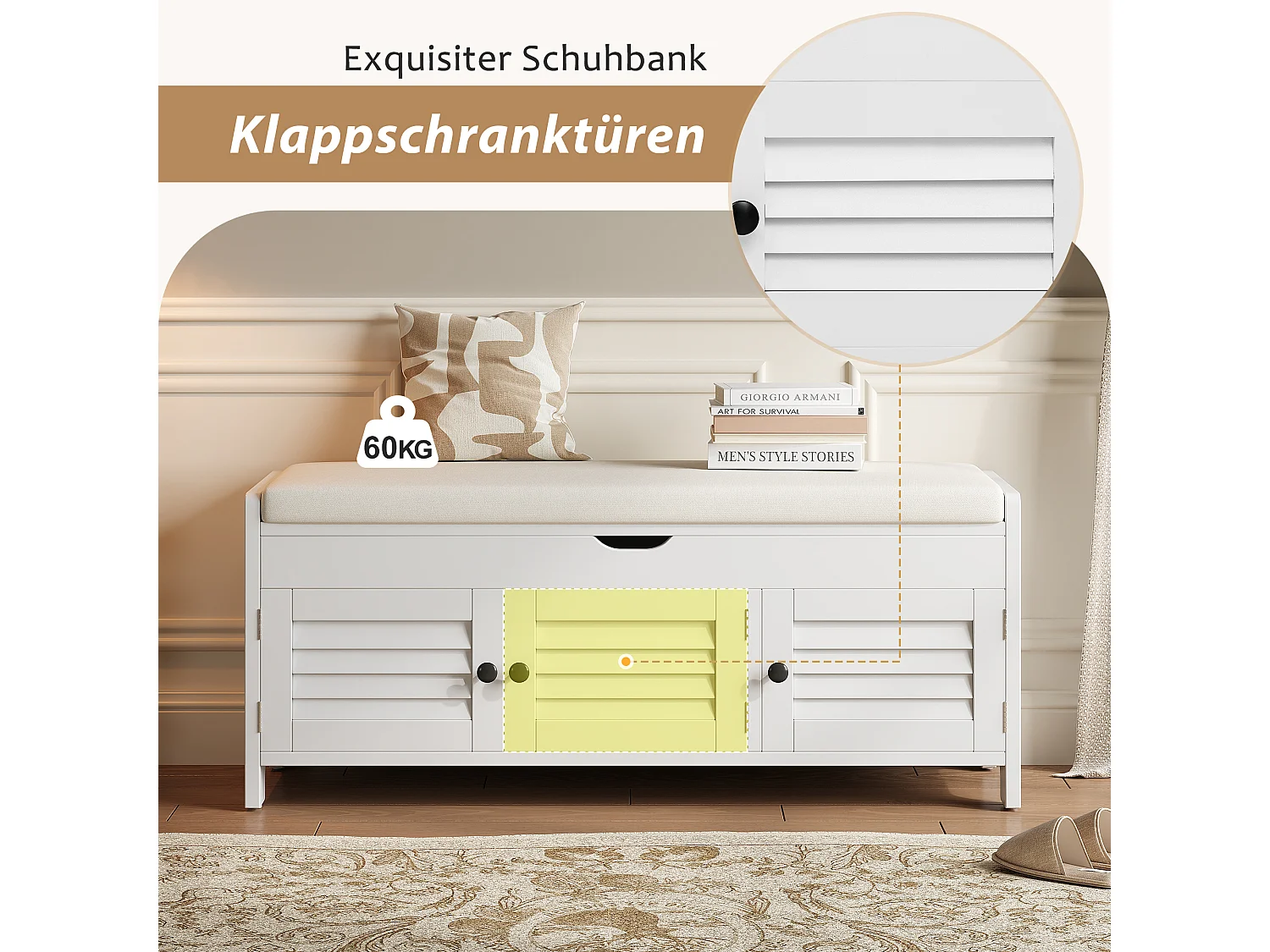 Banco zapatero moderno con asiento y 3 puertas - 110 x 40 x 50 cm - Madera MDF - Blanco