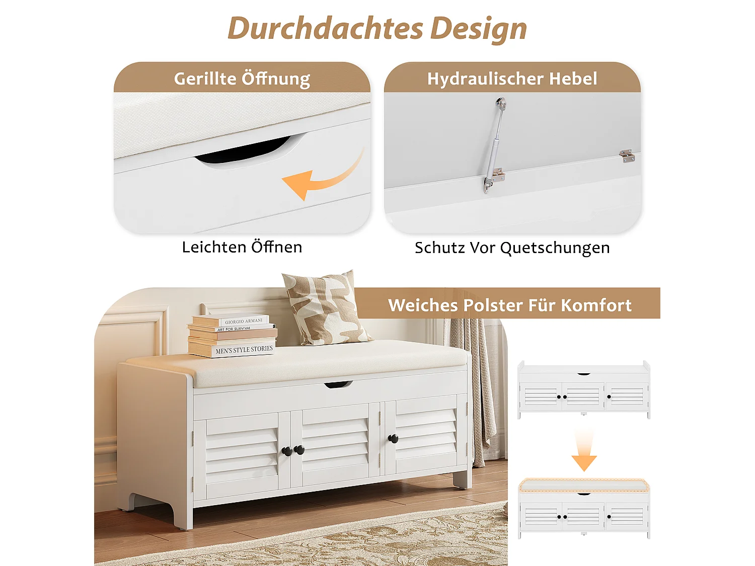 Banco zapatero moderno con asiento y 3 puertas - 110 x 40 x 50 cm - Madera MDF - Blanco