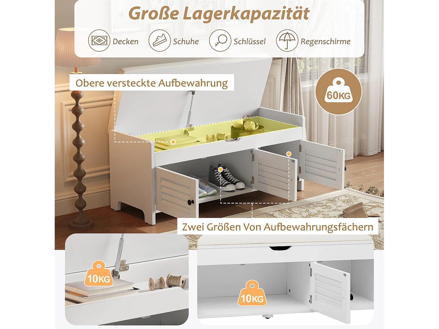 Banco zapatero moderno con asiento y 3 puertas - 110 x 40 x 50 cm - Madera MDF - Blanco