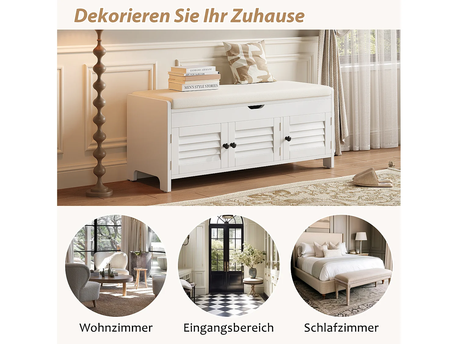 Banco zapatero moderno con asiento y 3 puertas - 110 x 40 x 50 cm - Madera MDF - Blanco